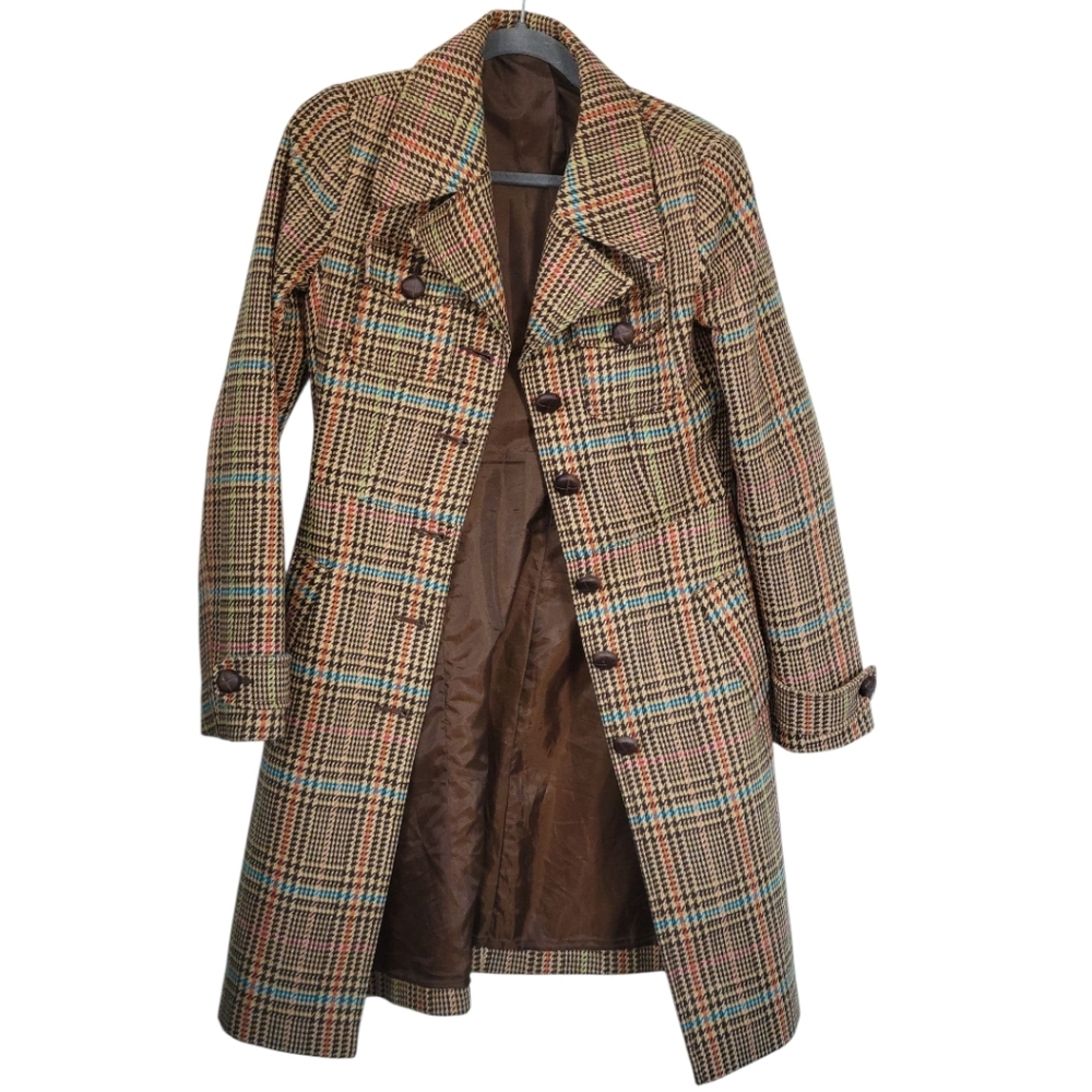 H&M Wool Blend Plaid Pea Coat S Retro 60s Mod Long Jacket Dark Academia - Picture 5 of 16